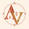 A decorative monogram logo featuring the letters A and V in a warm rust red and mustard gold color scheme, surrounded by a circular border and ornamental floral motifs on a light cream background.
