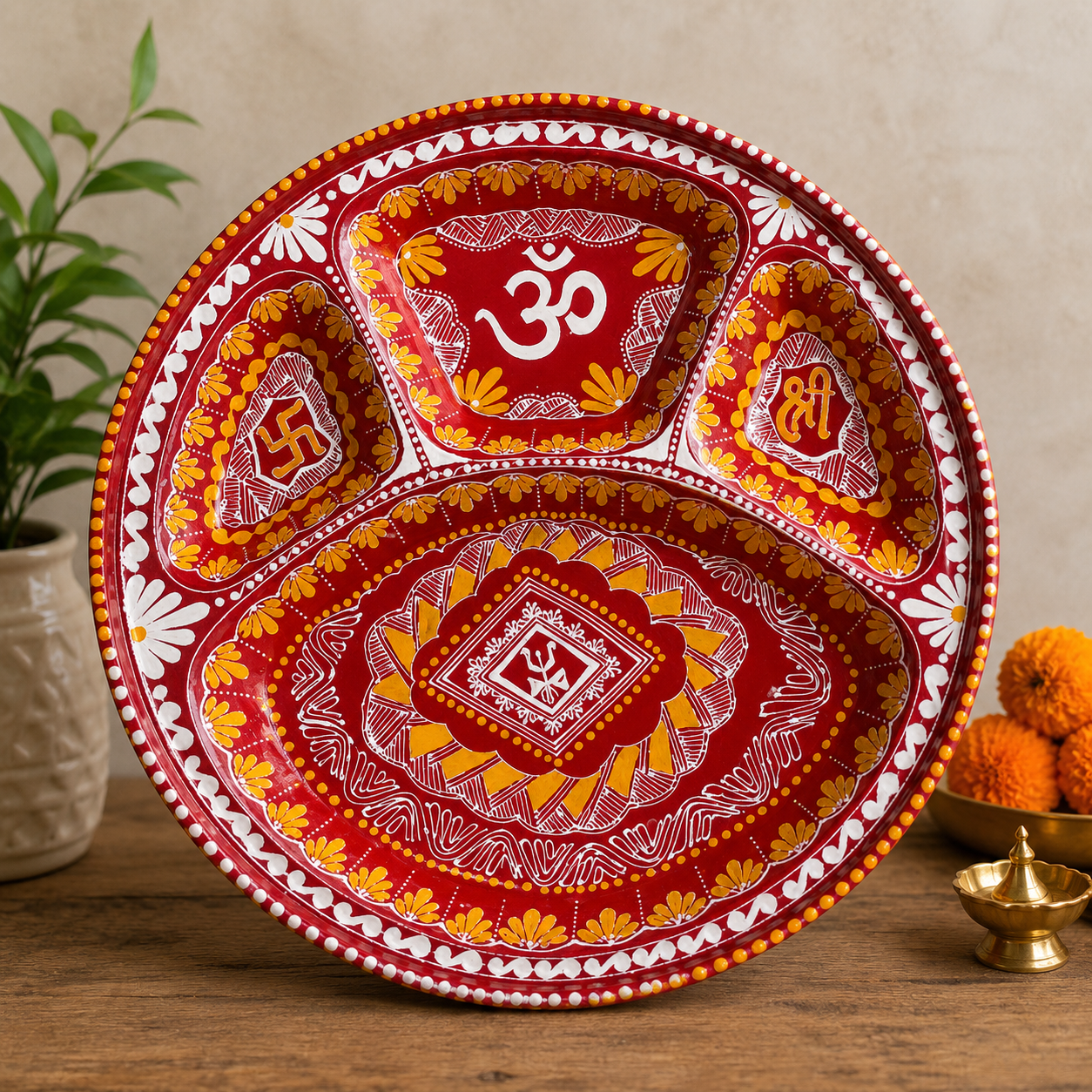Handmade Aipan Pooja Thali | Traditional Kumaoni Folk Art